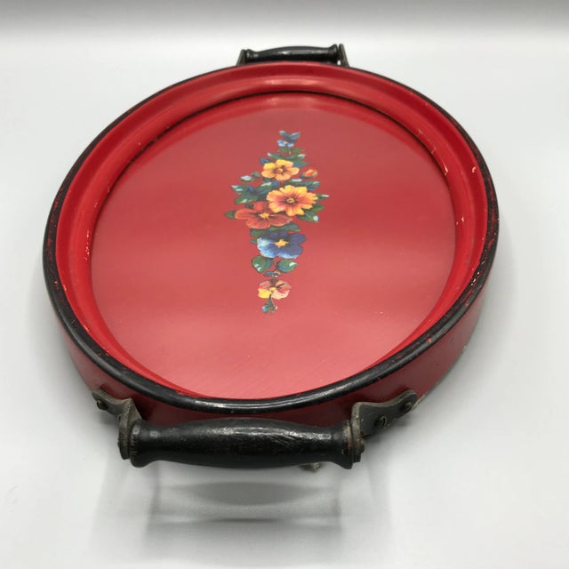 1940s Painted Flowers on Red Paper Composite Glass Top Dresser Tray 1940's For Sale - Image 5 of 13