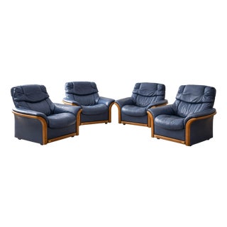 Adjustable Swivel Armchairs in Blue Leather and Beech from Ekornes Stressless, 1980s, Set of 4 For Sale