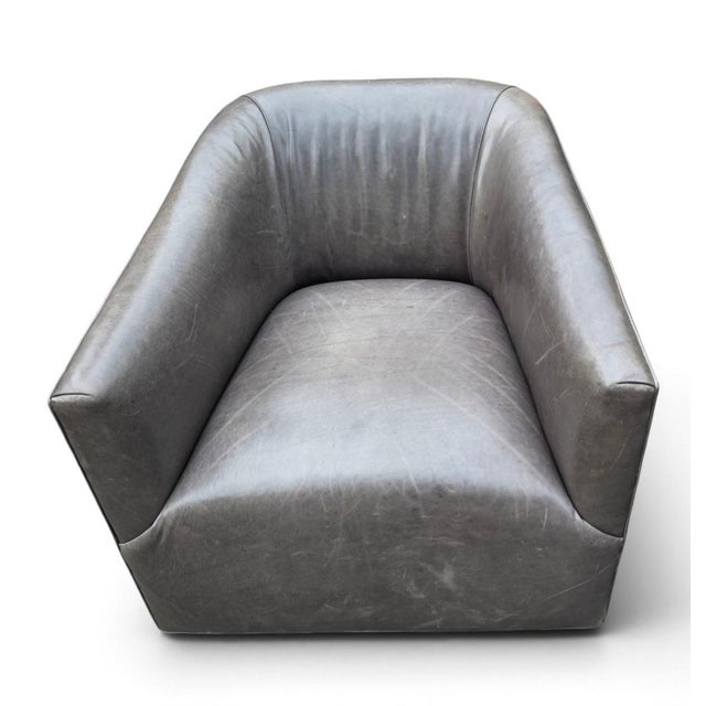 Early 21st Century Pair of Restoration Hardware 1950s Italian Shelter Charcoal Gray Distressed Leather Swivel Club Chairs For Sale - Image 5 of 13