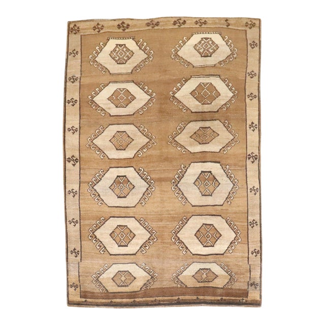 Vintage Zabihi Collection Brown Geometric Turkish Kars Rug - 6'9" x 9'4" For Sale