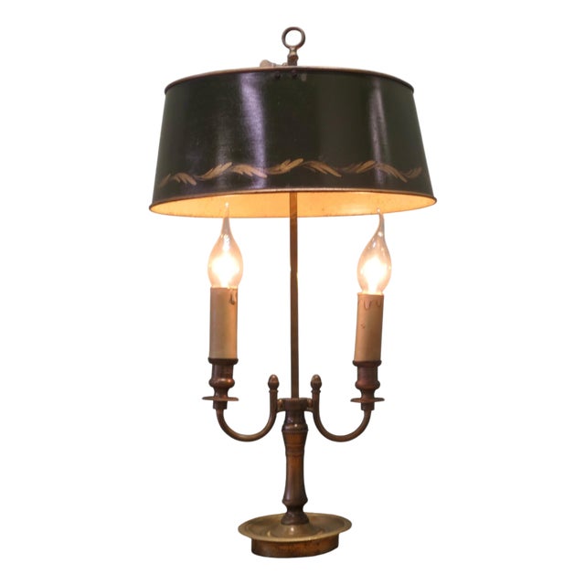 Green Toleware and Brass Twin Bouillotte Desk Lamp For Sale