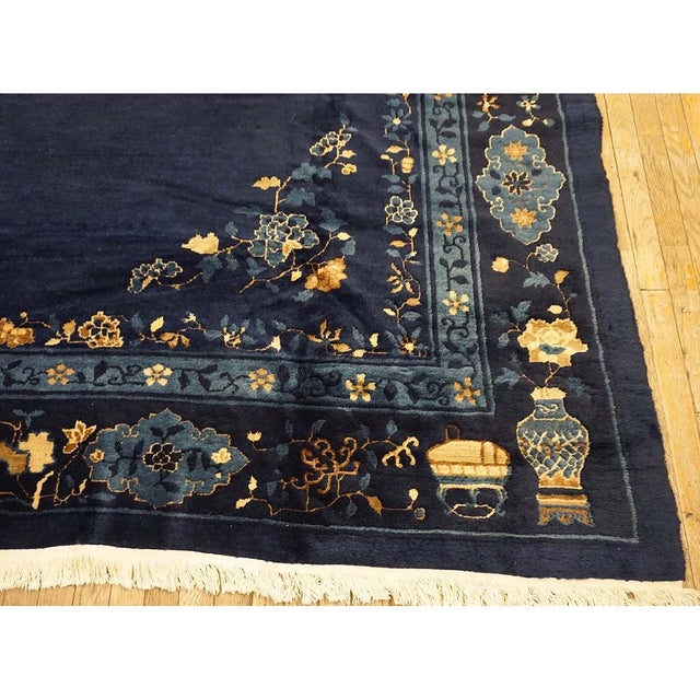 1920s Antique Navy Blue Vase Floral Deco Antique Chinese Peking Knotted Rug For Sale - Image 4 of 9