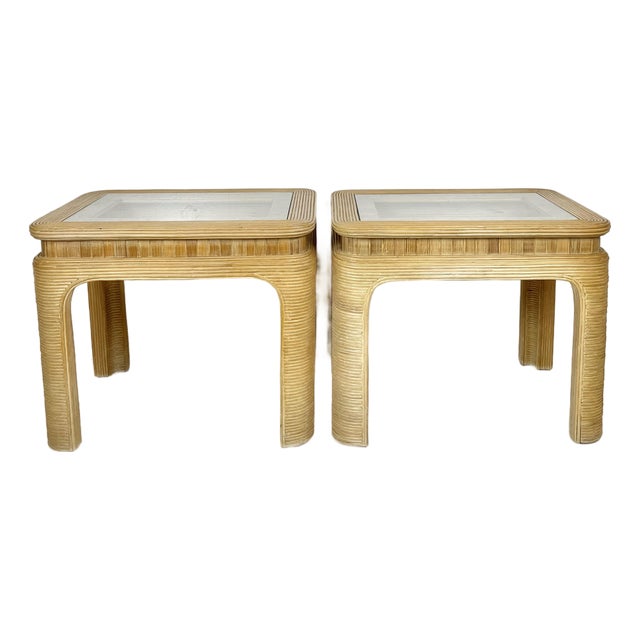 Vintage Pencil Reed Rattan Side Tables- A Pair For Sale