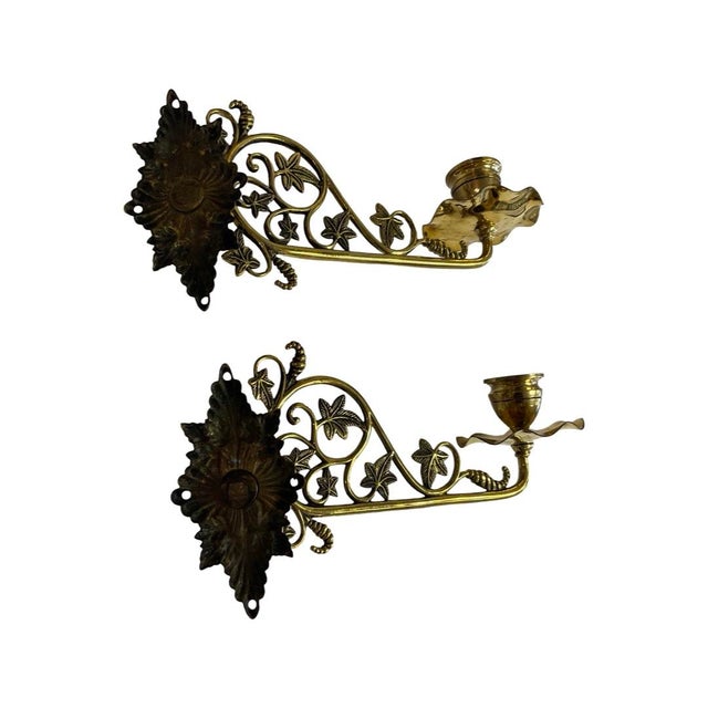 Pair of Early 20th Century Brass Wall Mounted Swing Arm Candle Sconce For Sale - Image 4 of 6