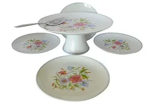 Vintage Floral Cake Set & Serving Knife - Set of 6