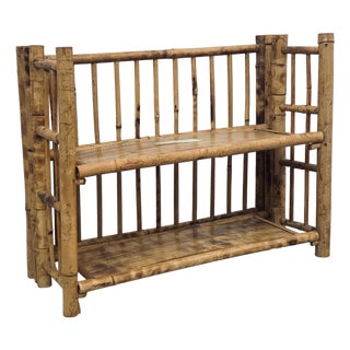 Vintage 1970’s 'Scorched Tortoise' Bamboo, Rattan Petite Folding 2-Tier Etagère For Sale
