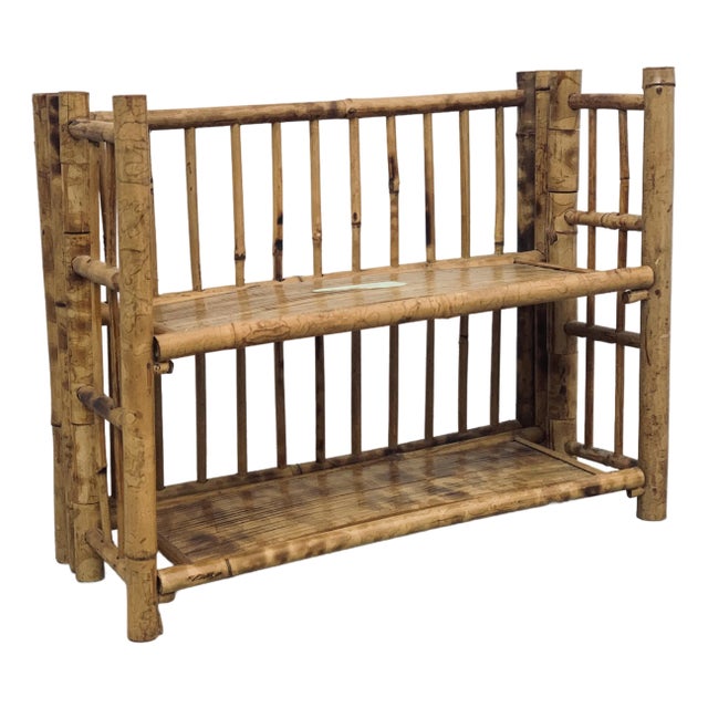 Vintage 1970’s 'Scorched Tortoise' Bamboo, Rattan Petite Folding 2-Tier Etagère For Sale