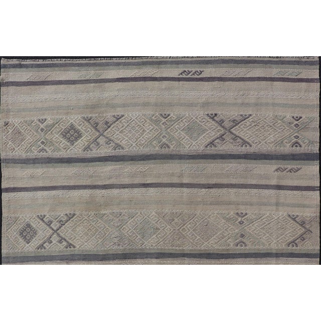 Square Vintage Turkish Embroidered Kilim in Dark Blue, L. Green, Gray, Taupe For Sale - Image 4 of 11