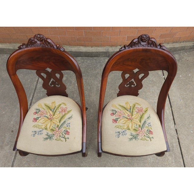 Late 19th Century Pair 19th Century American Empire Carved Magogany and Needlepoint Upholstered Chairs For Sale - Image 5 of 11