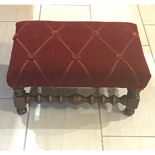 Antique, Diamond-Tufted, Upholstered Footstool, Deep, Ruby-Red in Coloring, White With Carved, Stacked, Ball Feet For Sale - Image 10 of 11