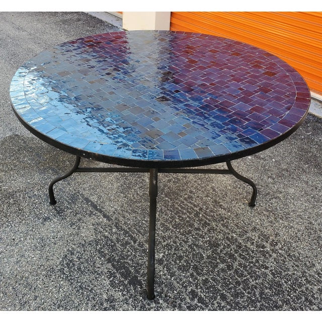 Moroccan 48" Moroccan Round Mosaic Table in Blue Petrol / Squares For Sale - Image 3 of 6