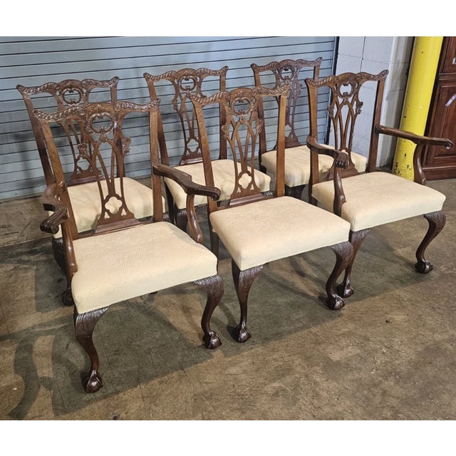 Chippendale Set of 6 Chippendale Style Solid Mahogany Carved Dining Chairs Claw & Ball Feet For Sale - Image 3 of 9