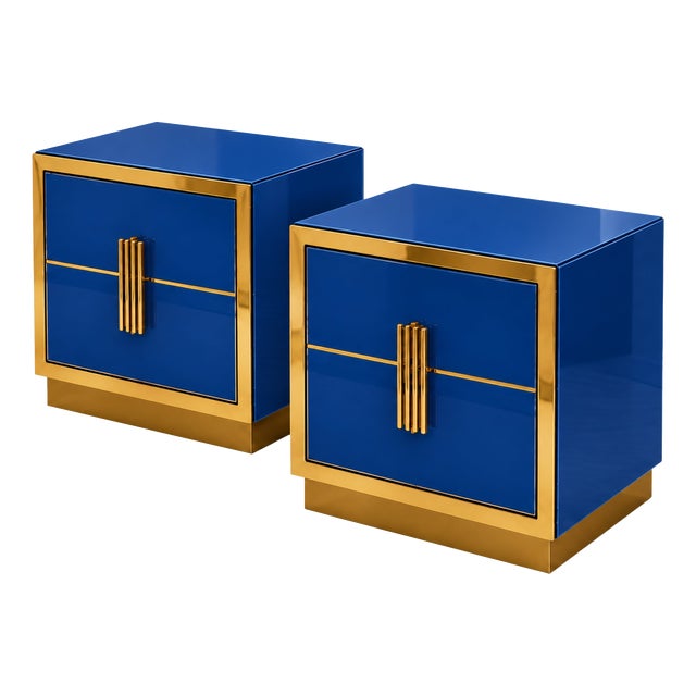 Sapphire Blue Glass and Polished Brass Bedside Cabinets from Justfurnituress SRL, Set of 2 For Sale