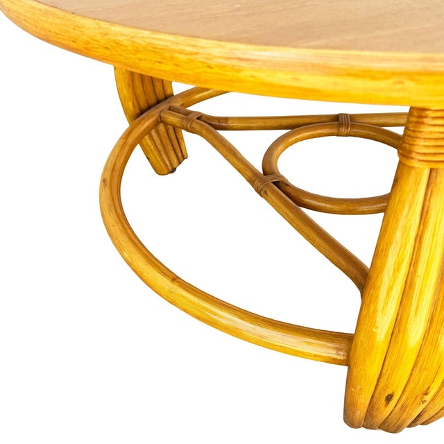 1950s Restored Mid-Century Five-Pole Rattan & Mahogany Coffee Table W/ Tri-Corner Base For Sale - Image 9 of 10