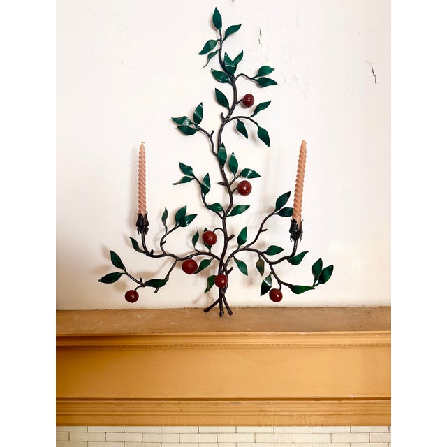 Mid-20th Century Italian Hand-Painted Tole & Iron Espalier Tree Sculpture Sconce An exceptional, grand-scale mid-century...
