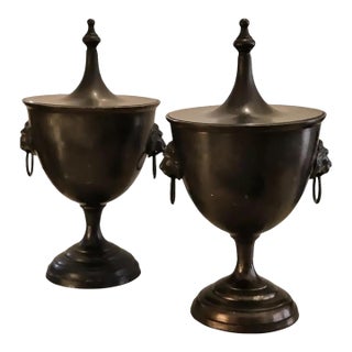 Vintage Regency Style Chestnut Urn With Lion Head Ring Handles ~ a Pair For Sale