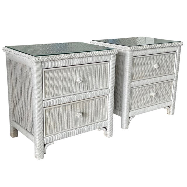 A matching pair of vintage Two drawer Henry Link for Lexington Wicker Nightstands Made in the USA in 1986 Excellent...