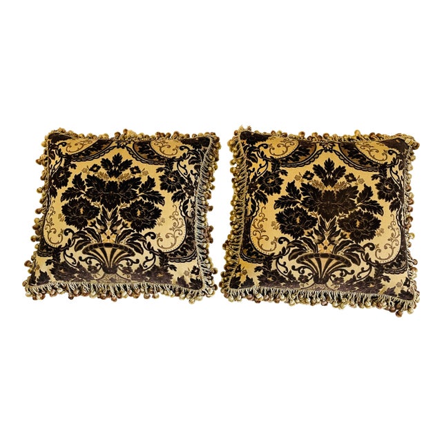 Vintage 22” Italian Fortuny Velvet Feather Down Pillows Pair For Sale