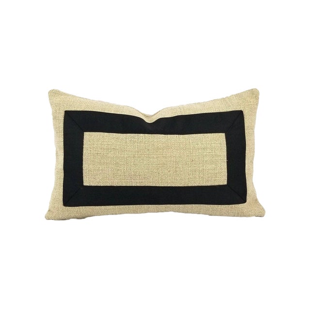 Rustic Pindler Cheminer in Natural With Black Square Ribbon Embellished Lumbar Pillow Cover - 12" X 20" For Sale