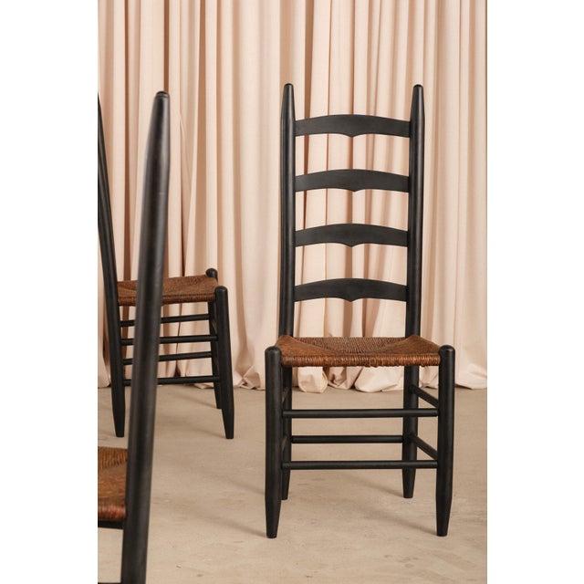 Set of 6 Antique Shaker Ladder Back Dining Chairs | Ebonized Wood, Hand-Woven Rush Seats For Sale - Image 4 of 14