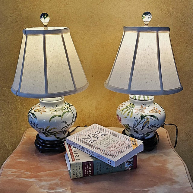 Vintage Chinoiserie Porcelain Bird & Floral Table Lamps With Shades - a Pair For Sale - Image 17 of 18