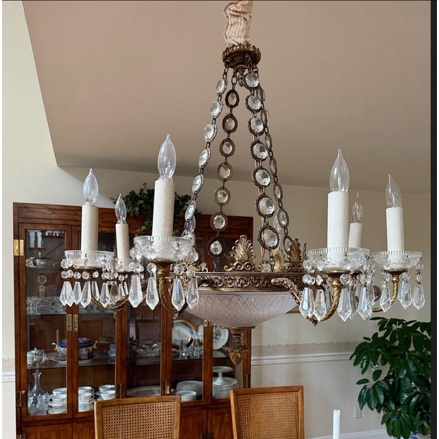 Very impressive Empire 8 arm chandelier having gorgeous ornate gilt bronze with dome shaped cut glass insert and dripping...