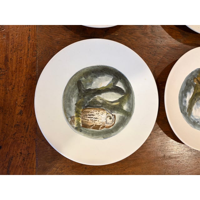 Ceramic Vintage French Handpainted Marcel Guillot Owl Plates - Set of 6 For Sale - Image 7 of 12