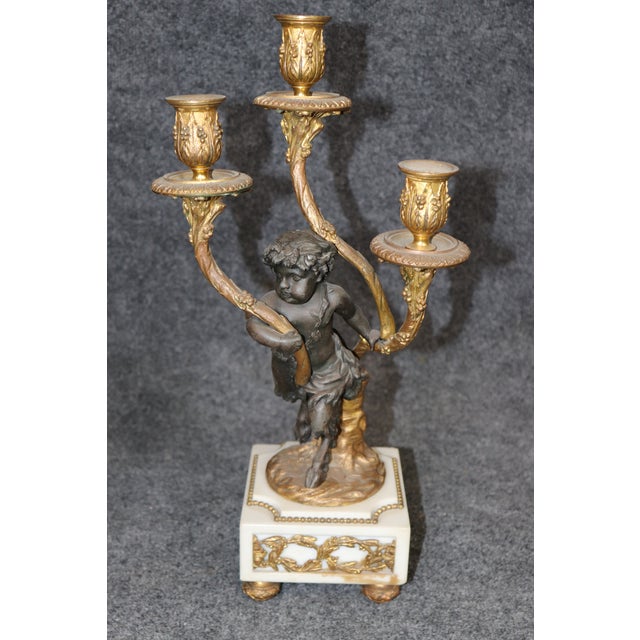 French Louis XV Style Figural Gilt Metal and Marble Clock Set For Sale - Image 14 of 15