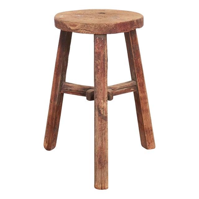 Antique Rustic Round Top Stool For Sale
