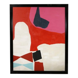 Oversized Modern Abstract Oil Painting in Red, Pink and White, Framed & Signed For Sale