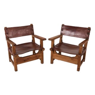 1970's Pair of Spanish Leather and Wood Armchairs For Sale