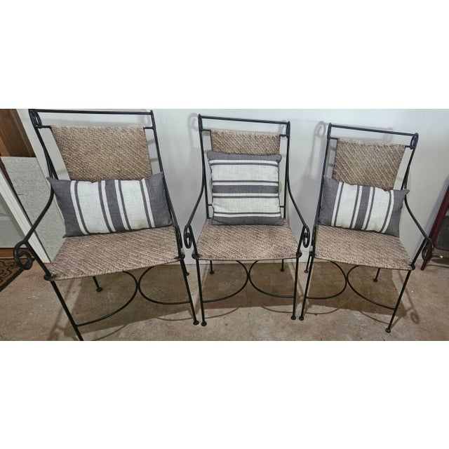 Solid Wrought Iron and Raffia/Rattan Uniquely Treated Armchairs - Set of 3 For Sale - Image 10 of 13
