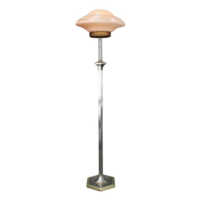 Nickel Floor Lamp with Glass Shade, 1940s For Sale