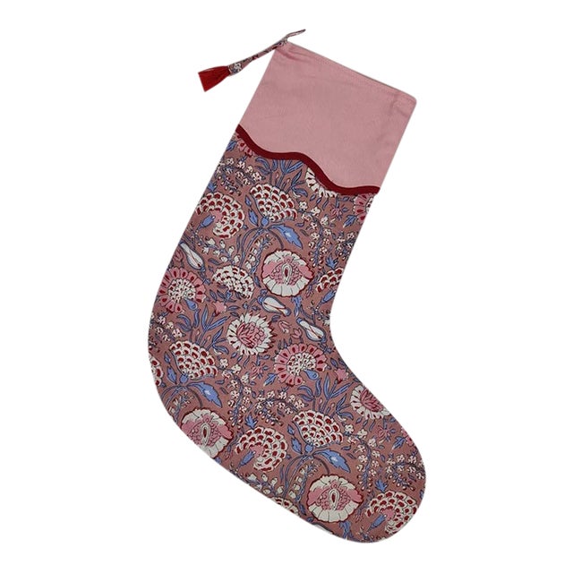Handmade Pink Floral Block Print Christmas Stocking with Red Piping For Sale