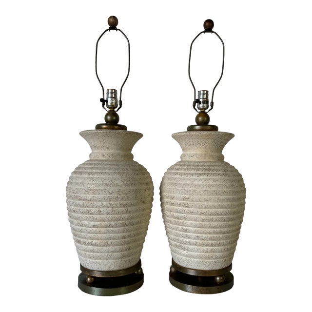 1980s Vintage Ribbed Design Ceramic Table Lamps - a Pair For Sale