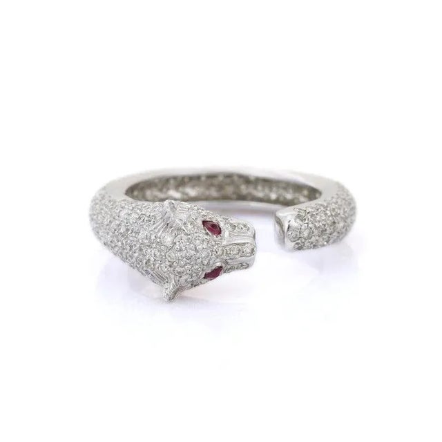 Metal Cluster Diamond Panther Ring With Ruby Gemstone Eyes in 18k Solid White Gold For Sale - Image 7 of 16