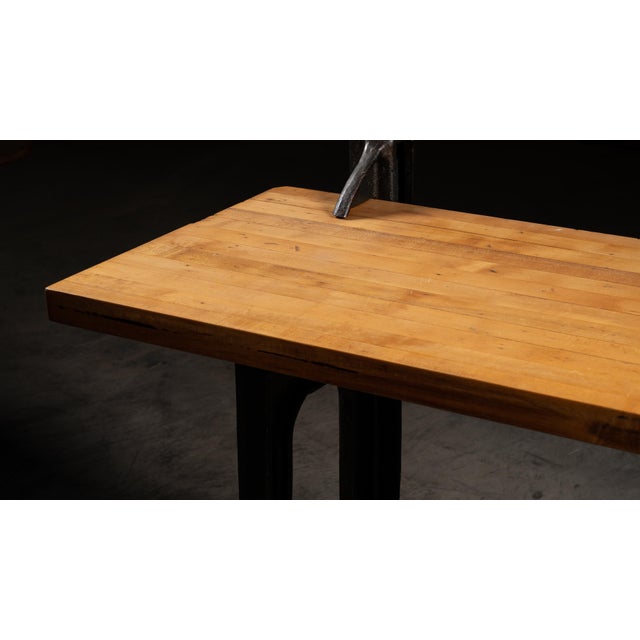 Wood Vintage Industrial Cast Iron Butcher Block Work Bench Island For Sale - Image 7 of 9