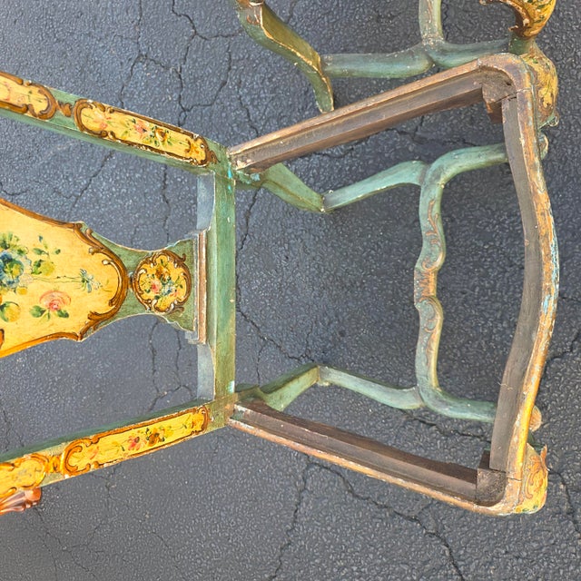 Celadon Antique Pair of Italian Venetian Rococo Revival Hand-Painted Polychrome and Parcel-Gilt Side Chairs With Floral Decoration, Circa 1920 For Sale - Image 8 of 13