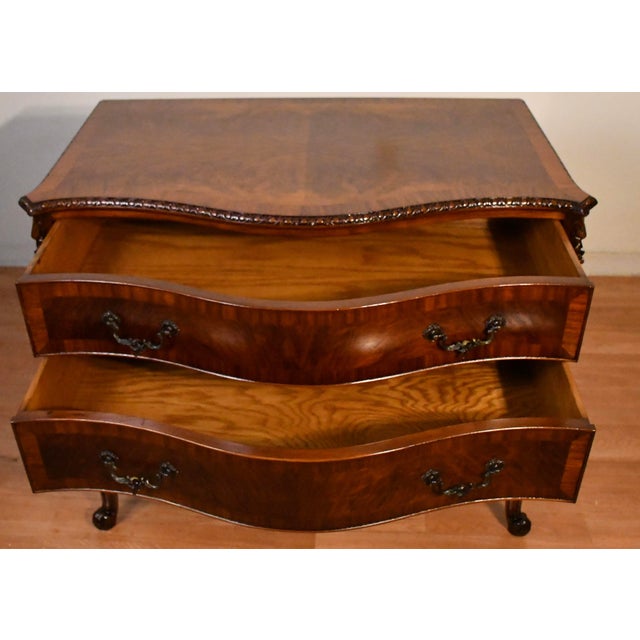 Antique 1920 Louis XV Burl Walnut Lowboy Chest Banded Satinwood Carving Two Drawers For Sale - Image 10 of 11