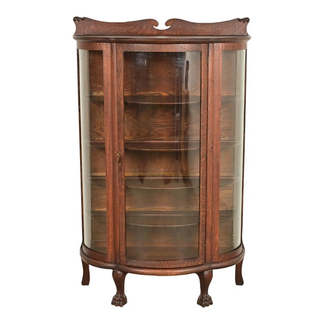 Antique Victorian Carved Oak Curved Glass Bookcase or Display Cabinet by Larkin Co., Circa 1900 For Sale