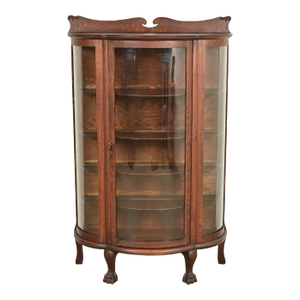 Antique Victorian Carved Oak Curved Glass Bookcase or Display Cabinet by Larkin Co., Circa 1900