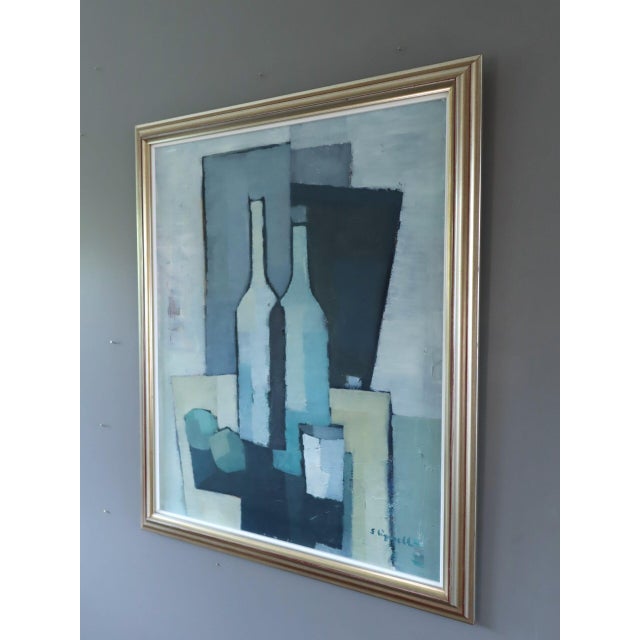 Mid 20th Century Mid-Century Modern 'Bottles in Blue Geometry' Vintage Swedish Cubist Still Life Oil Painting, Framed For Sale - Image 5 of 13