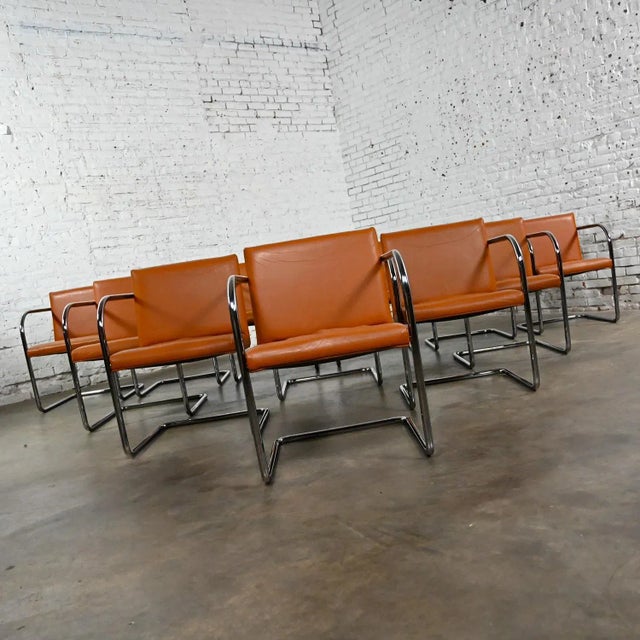 Sienna Late 20th to Early 21st Century Thonet Bauhaus Brno Style Chairs Chrome & Cognac Leather Cantilever Set of 12 For Sale - Image 8 of 13