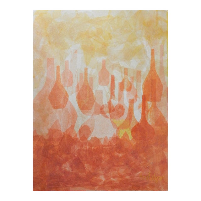 Mid 20th Century Abstract Collage Bottles in Pink Yellow & Orange For Sale
