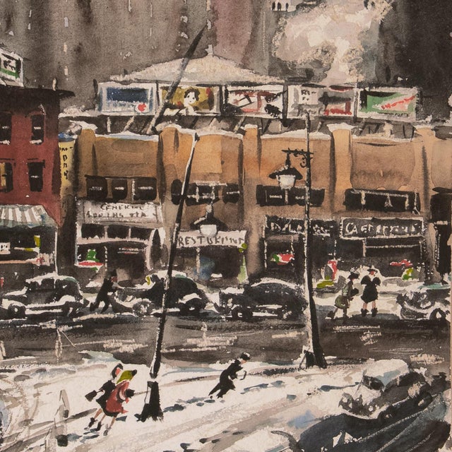 1950s 'Winter in the City' by James Carlin, Mid-Century Urban Landscape Featuring 1930s Scaffold Sky Sign, American Modern Realism For Sale - Image 5 of 9