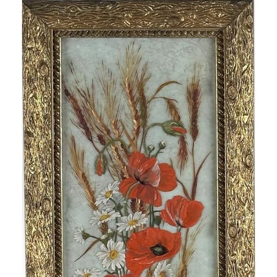 Antique 19th Century Floral Oil Painting on Glass Pane in Victorian Faux Bois Gilt Frame Infuse your home with unique...