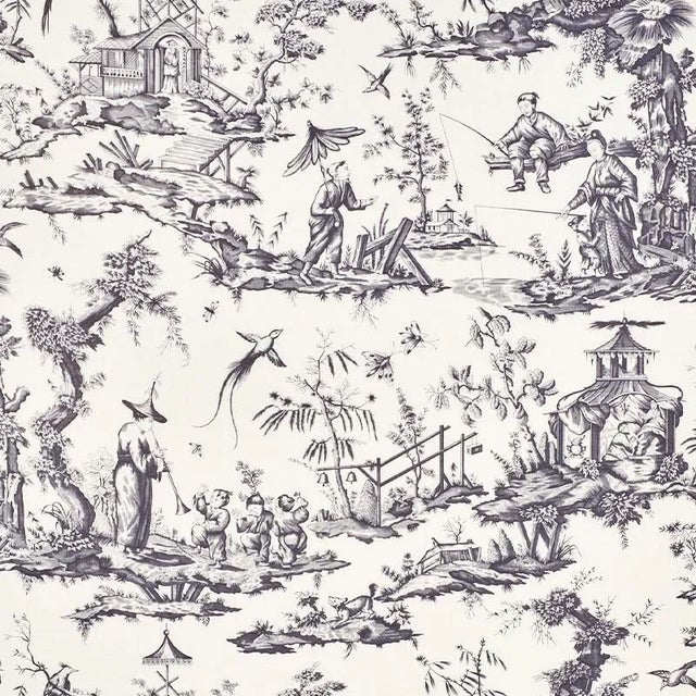 Sample - Schumacher Shengyou Toile Fabric in Black For Sale