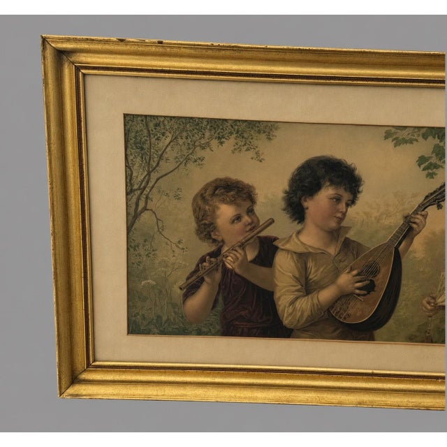 Antique Victorian Framed Chromolithograph Children Music Flute Mandolin Serenade Print F. Lefler Antique Victorian...