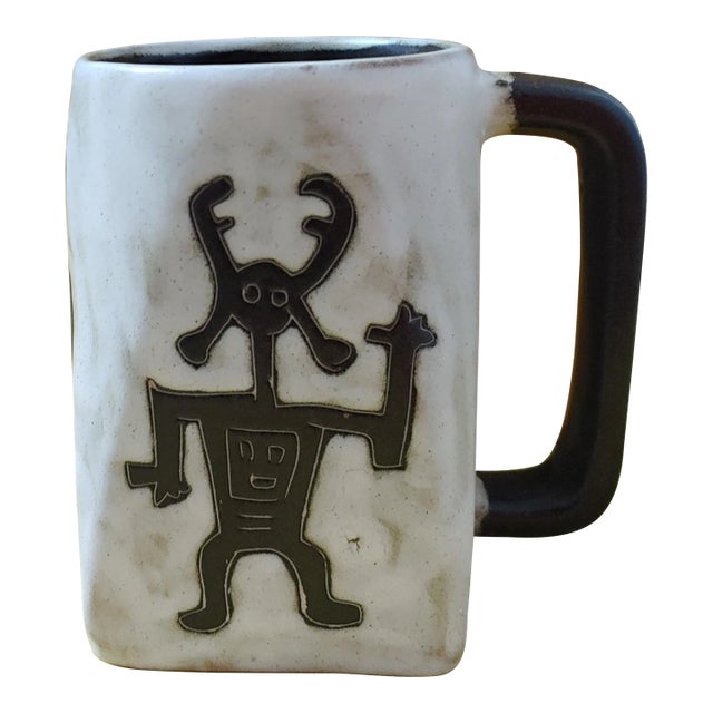 Vintage Square Stoneware Tribal Motif Mara Mug, Made in Mexico For Sale