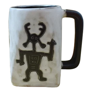 Vintage Square Stoneware Tribal Motif Mara Mug, Made in Mexico